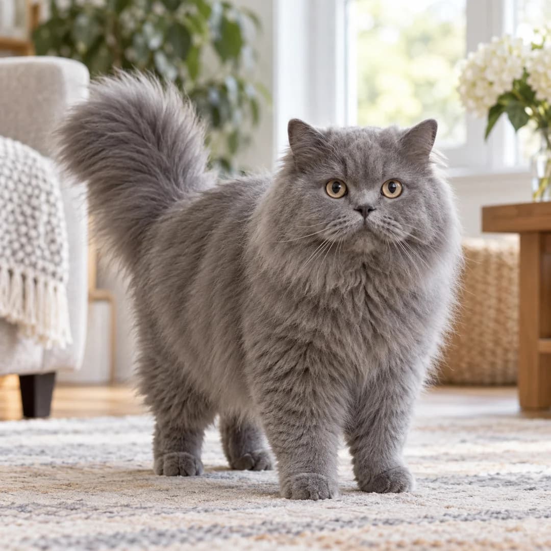 تصویر گربه نژاد بریتیش لانگهیر (British Longhair) در دوره میانسال و جوانی - وقار و توانایی بدنی در دانشنامه پت همزی